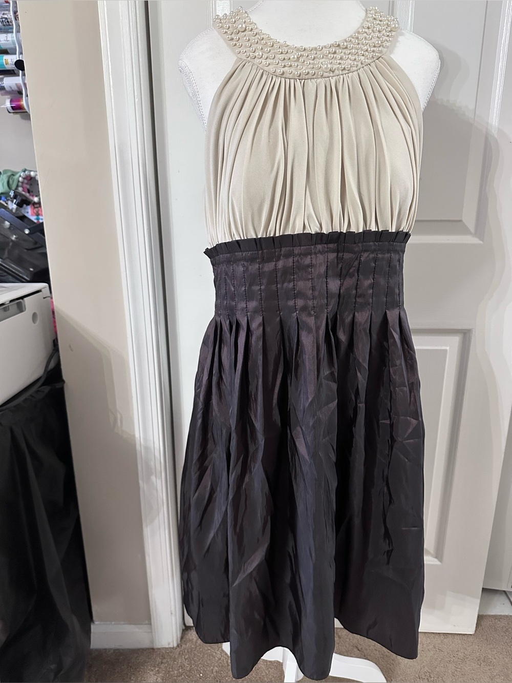 Pearl-Trim Halter Midi Dress in Cream and Dark Brown